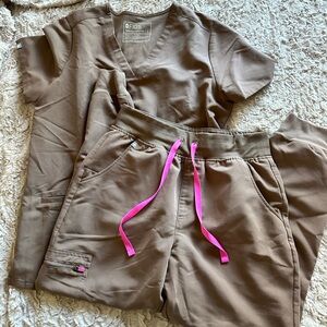 Brown tan  Scrub Set with Pink Accents